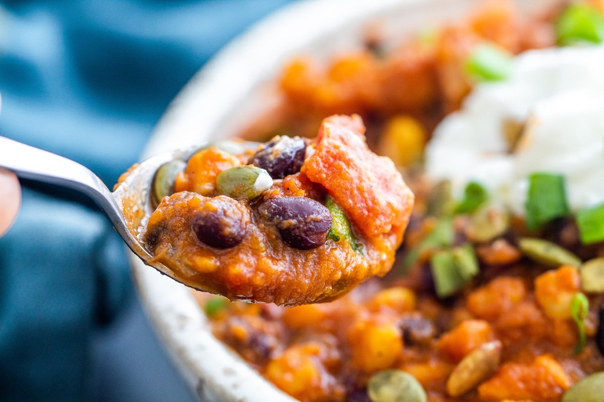 spoon of chili with veggies 