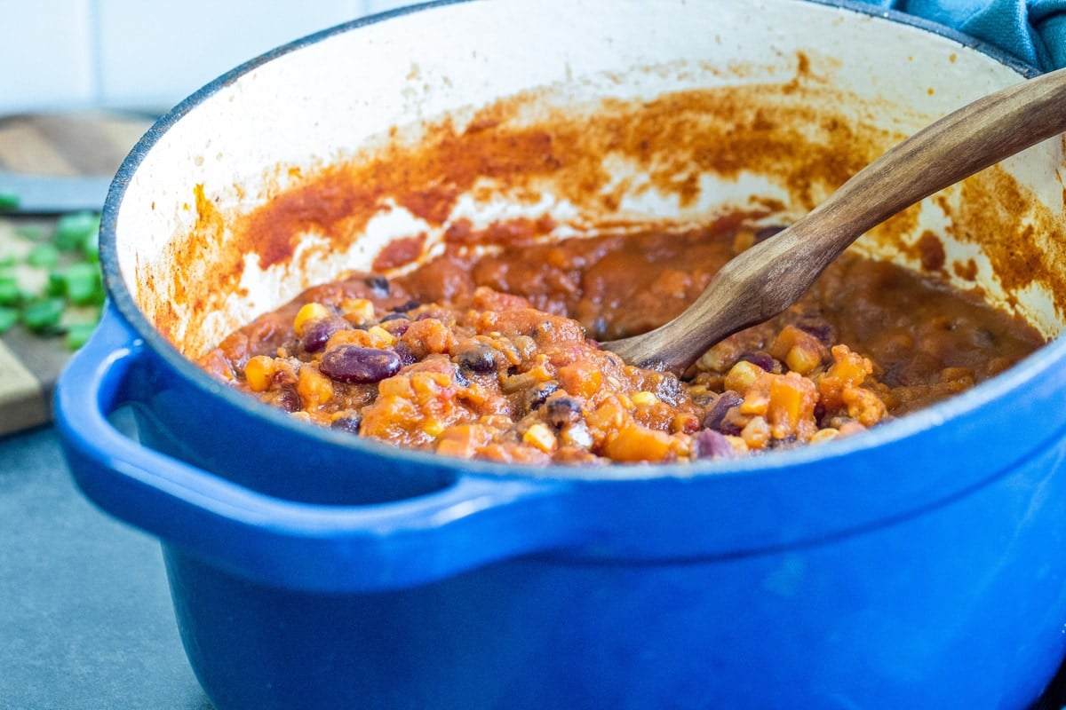 stirring vegetarian chili 