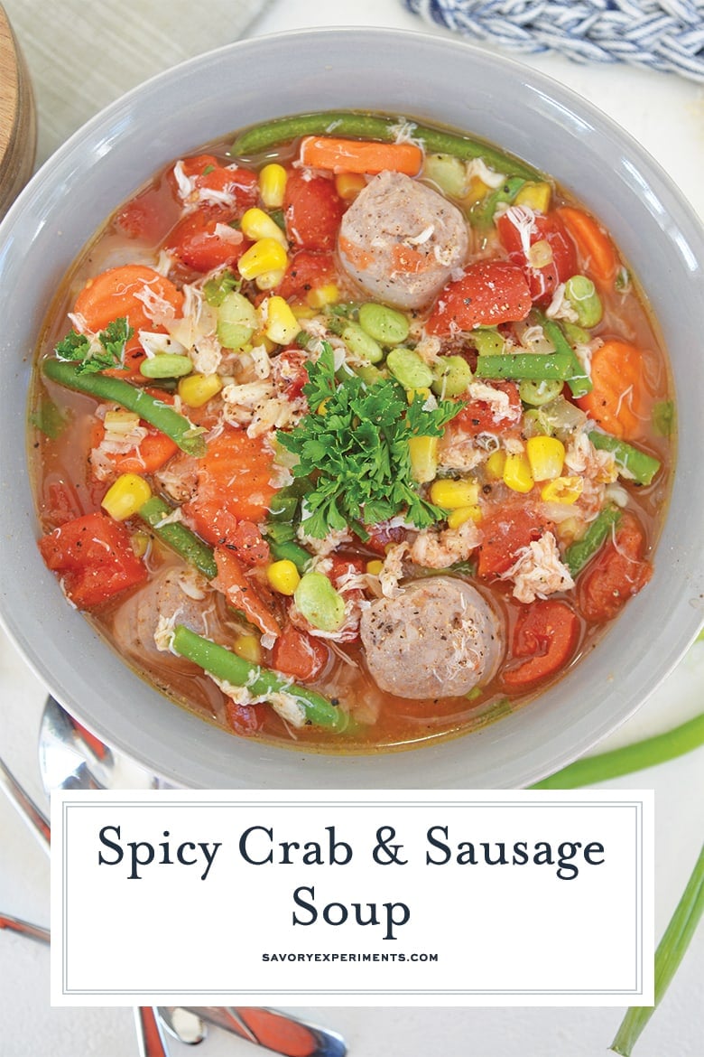 close up of crab and sausage soup for pinterest 