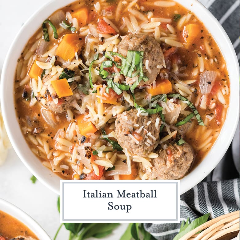 overhead close up of meatball soup recipe 