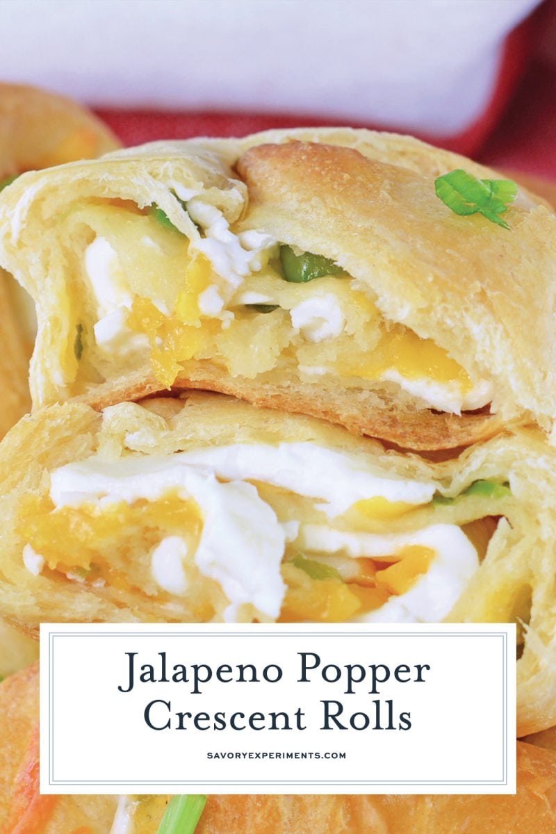 close up of jalapeno popper crescent roll cut in half with text overlay for pinterest