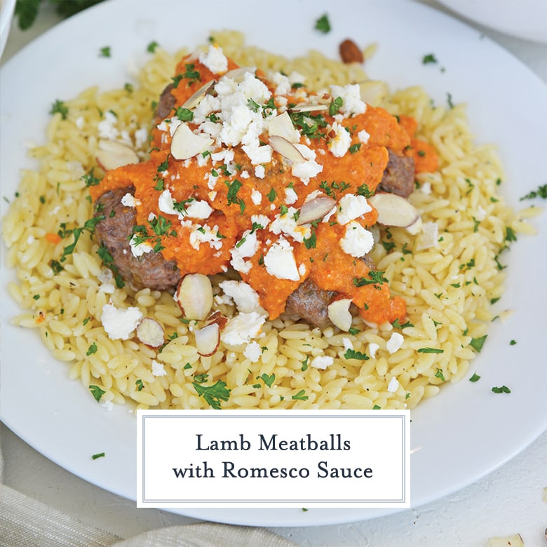 pile of lamb meatballs with tomato sauce, feta and almonds 