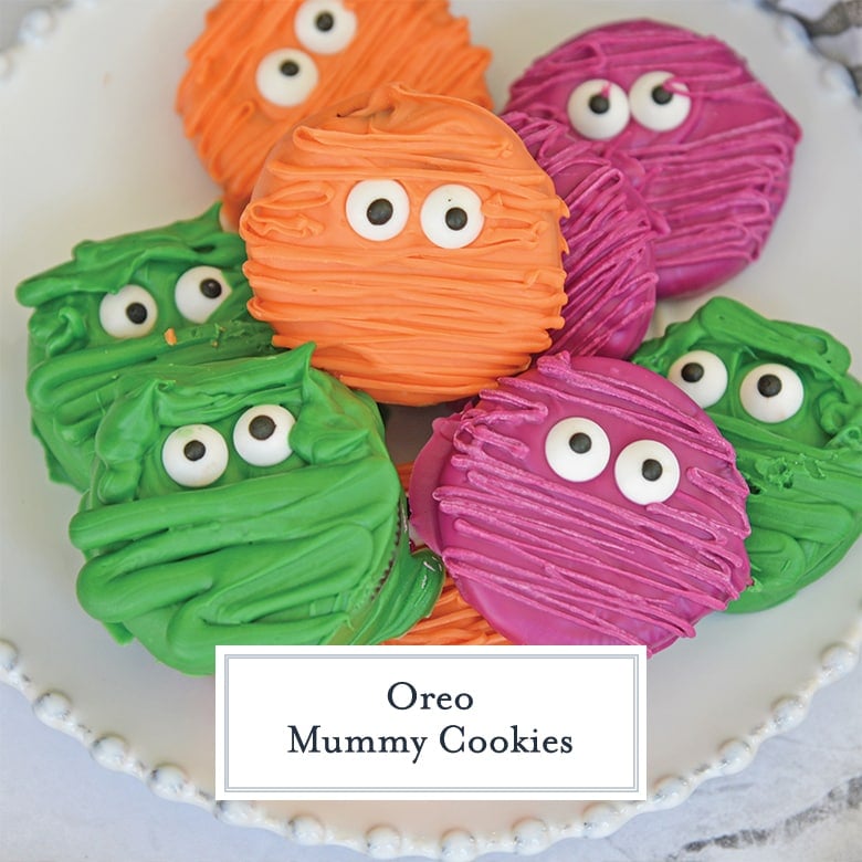 close up of colored mummy cookies