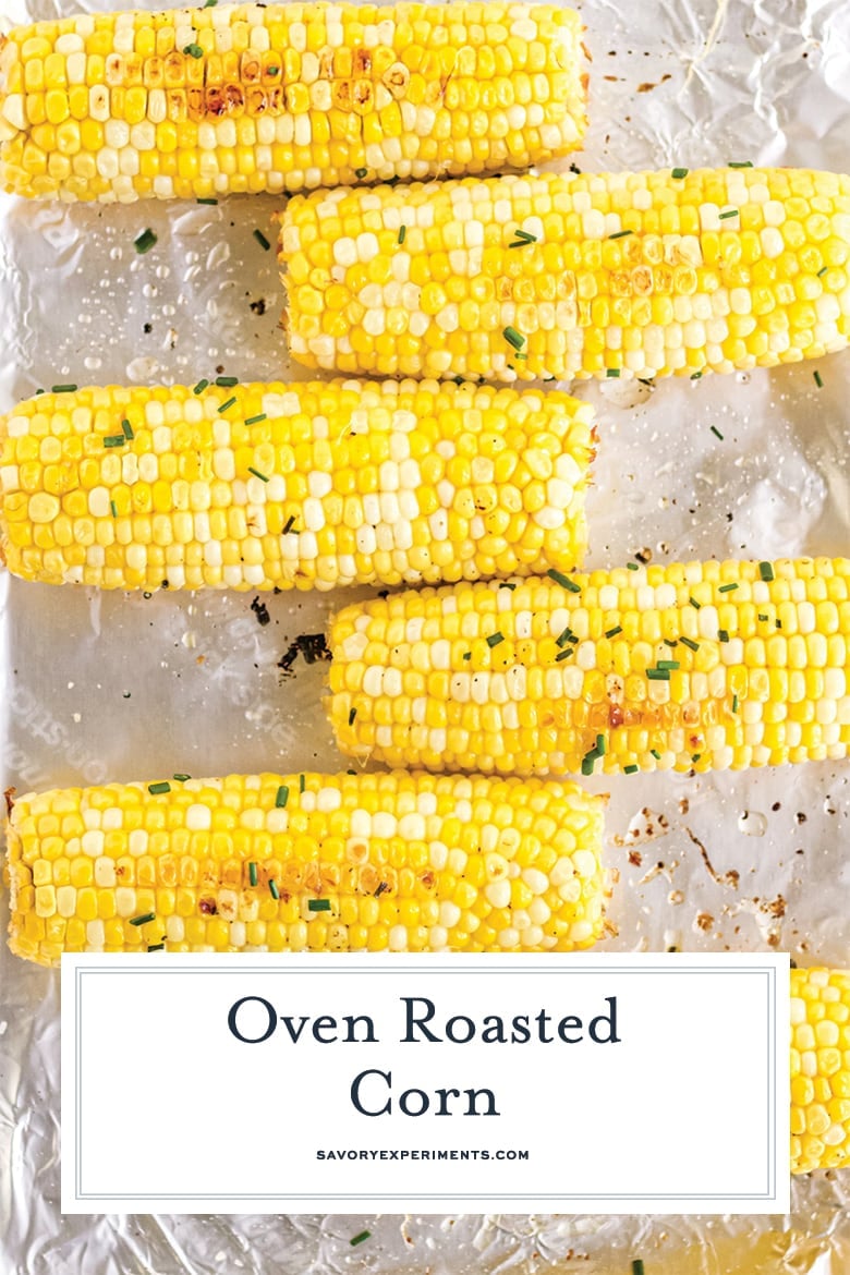 close up of oven corn on the cob for pinterest