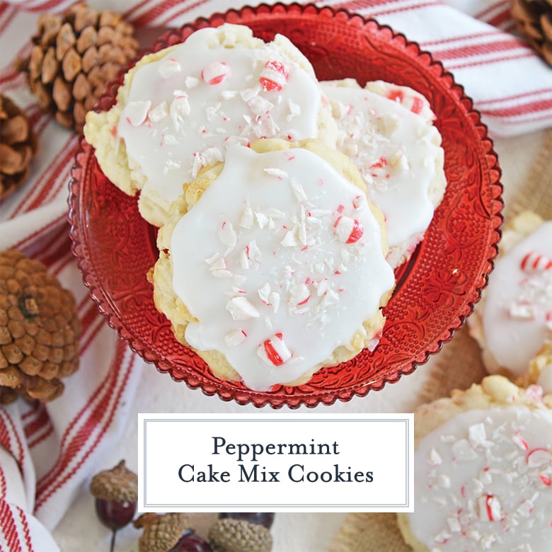 three peppermint cake mix cookie on a red glass dish 