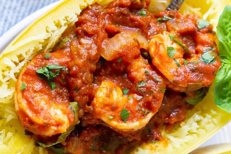 close up of shrimp marinara in spaghetti squash 