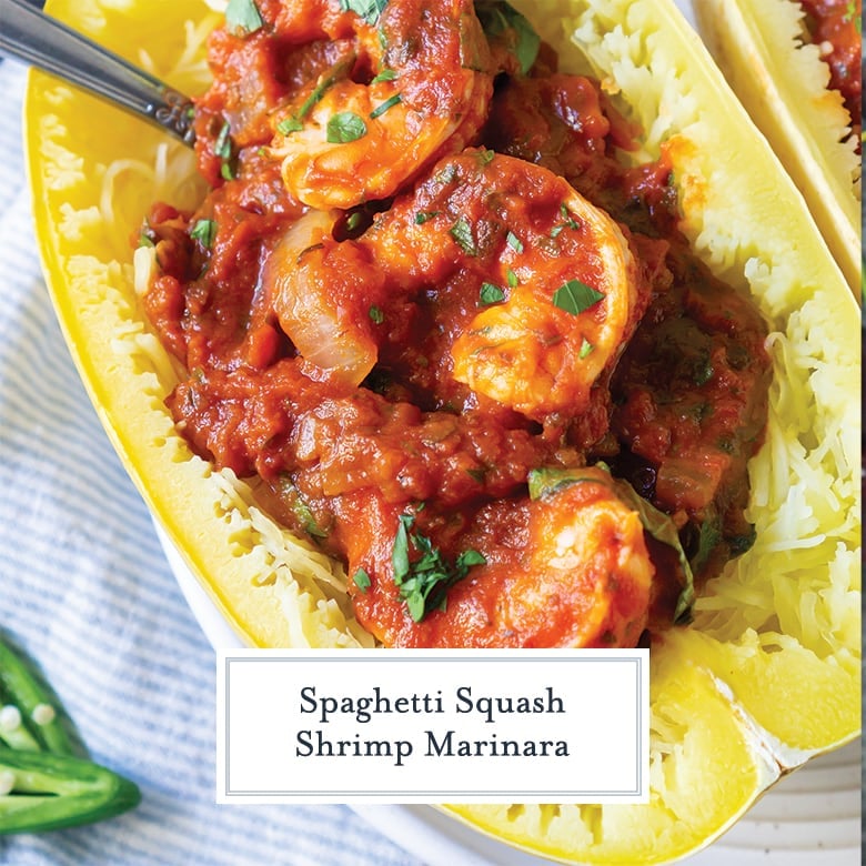 overhead close up of large shrimp in marinara sauce in a spaghetti squash 