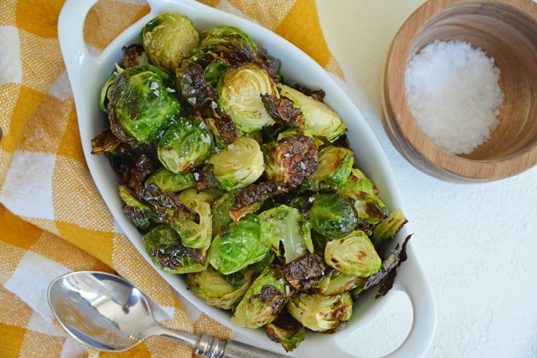 crispy sprouts in a serving dish 