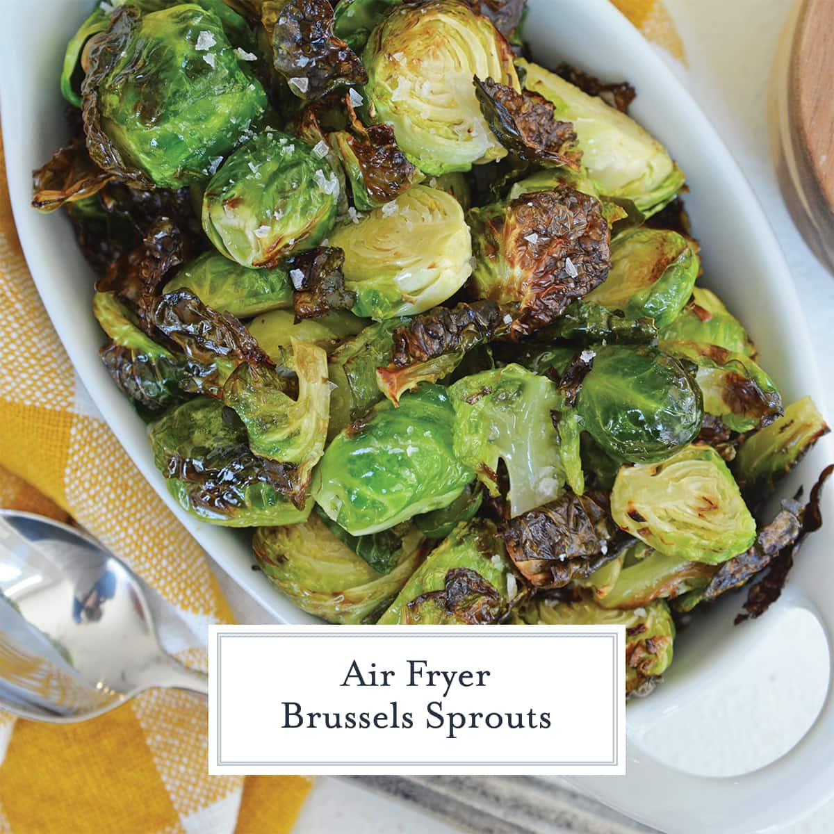 overhead of air fried brussels sprouts with coarse salt 