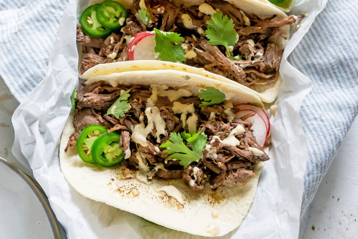 close up of barbacoa tacos