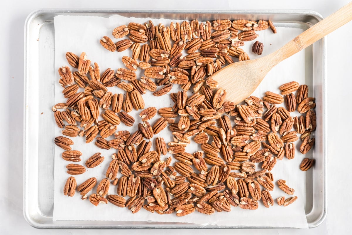 baking sheet with toasted pecans 