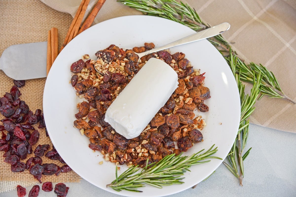 goat cheese log on a plate with nuts and dried fruit