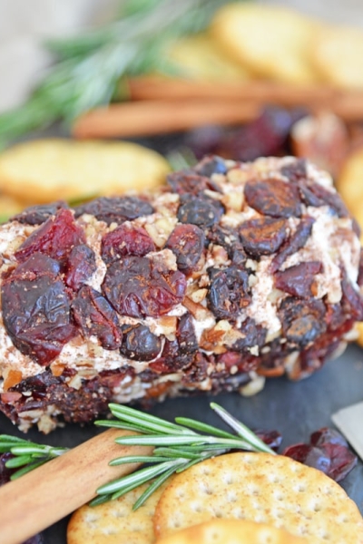 cranberry goat cheese roll with rosemary and crackers