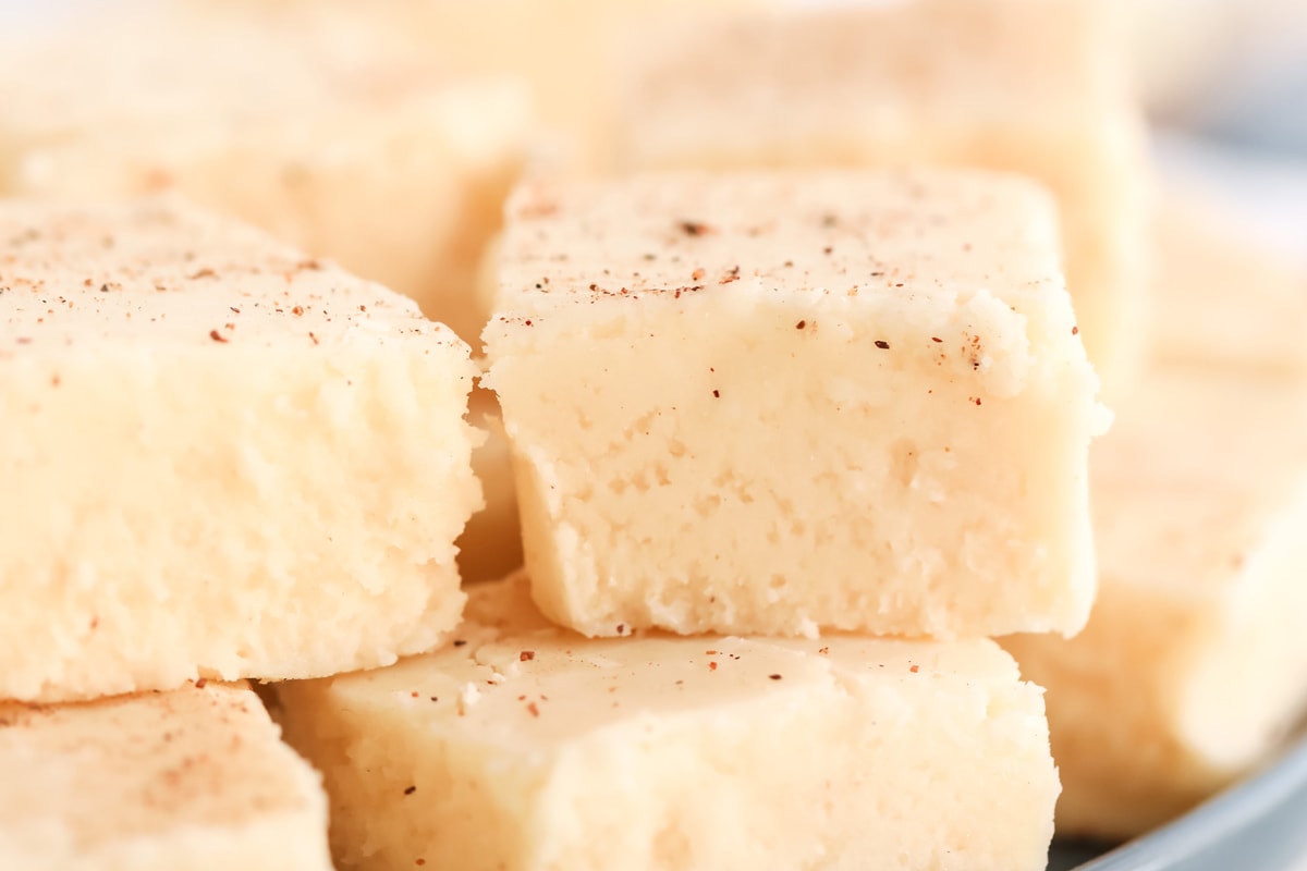 close up of eggnog fudge piece 