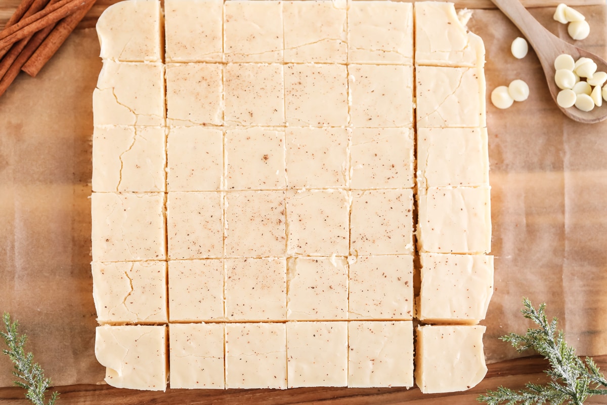 overhead shot of sliced eggnog fudge