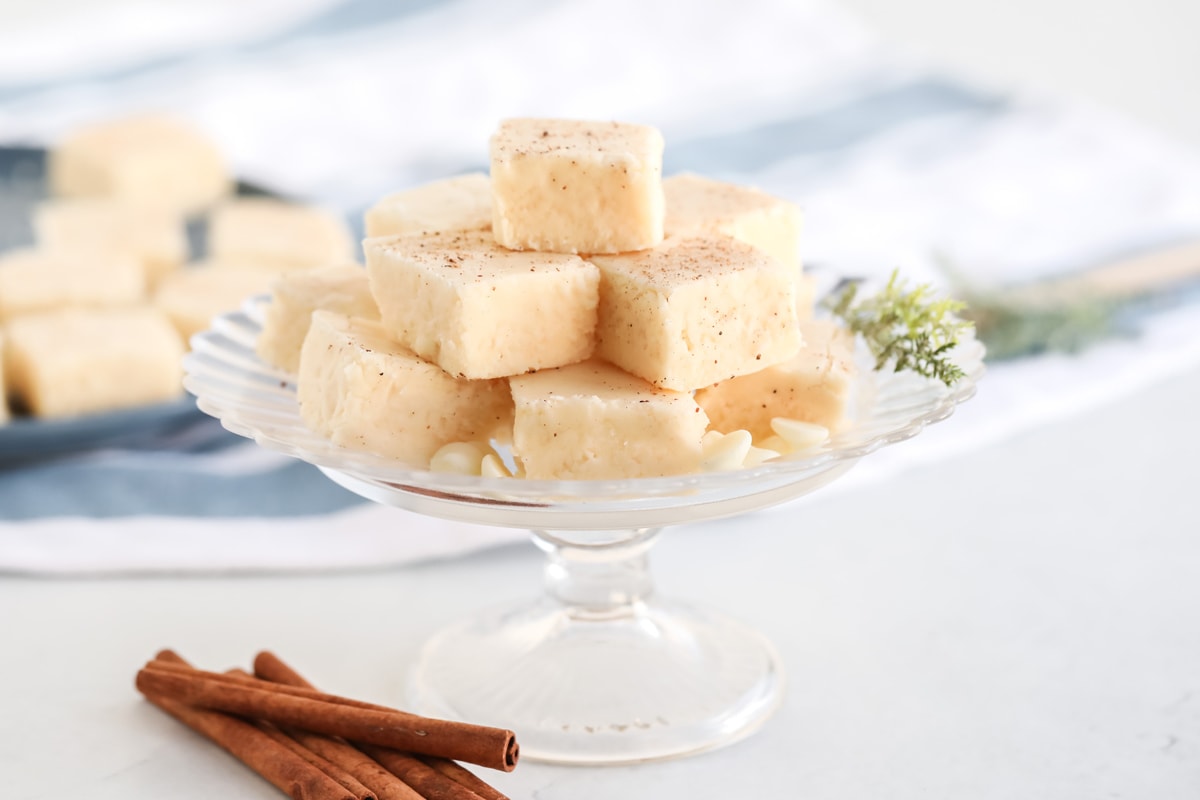 clear glass tray of eggnog fudge pieces