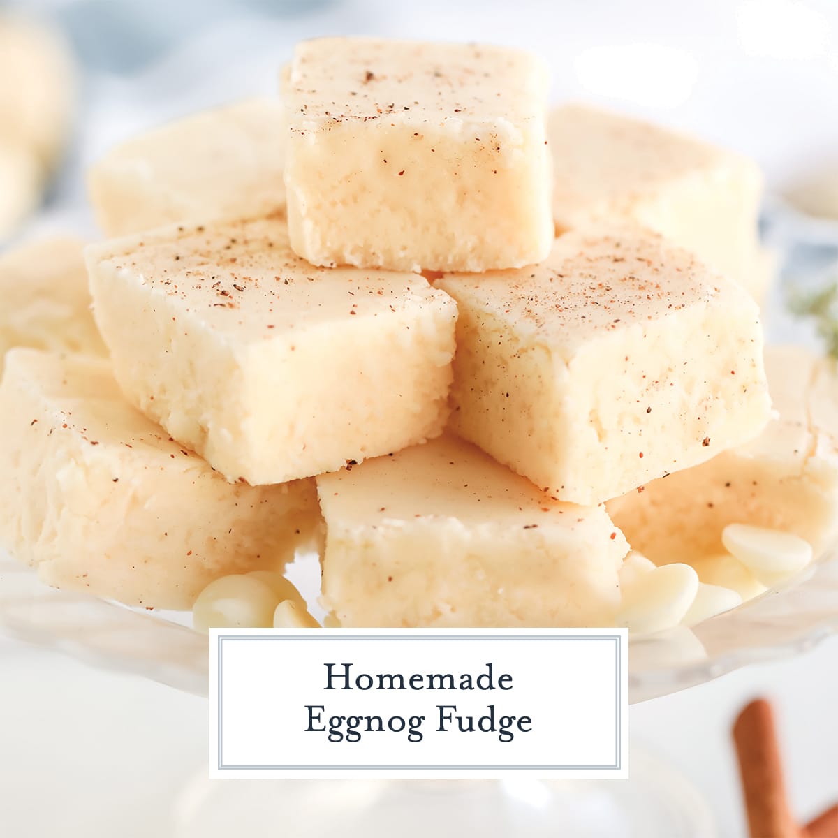 close up stack of eggnog fudge pieces 