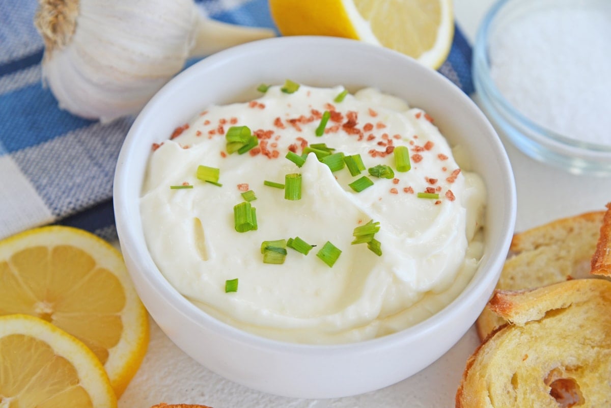 angle view of garlic aioli in a dipping bowl 