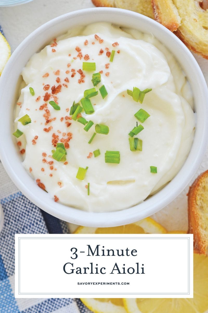 overhead shot of bowl of garlic aioli with text overlay