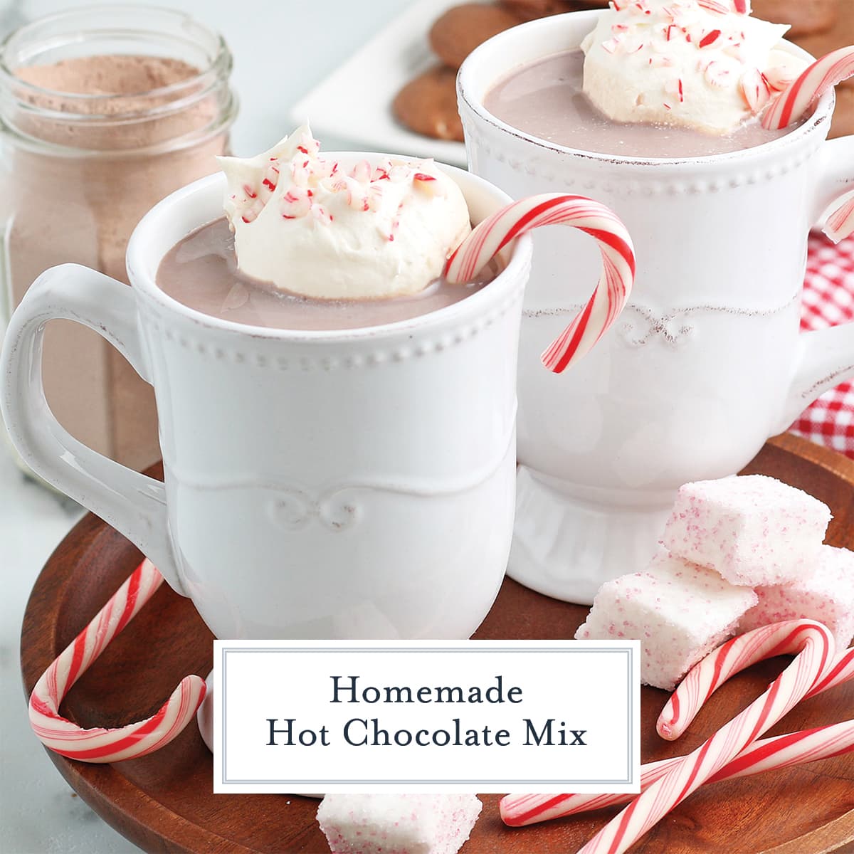 side view of homemade hot chocolate with whipped cream and peppermint 