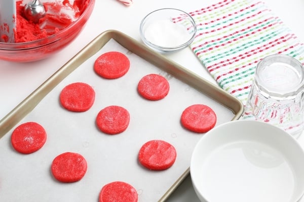 pressed sugar cookies on a tray