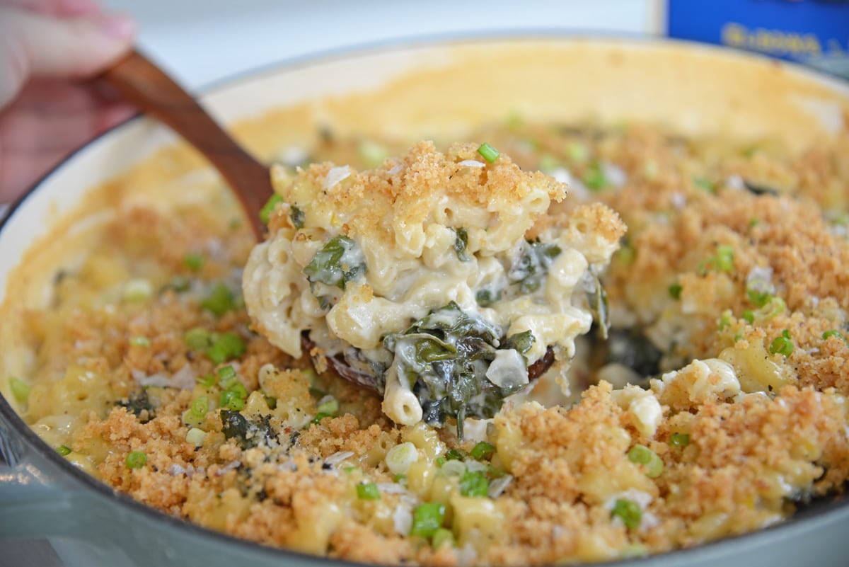 spoon digging into creamy mac and cheese 