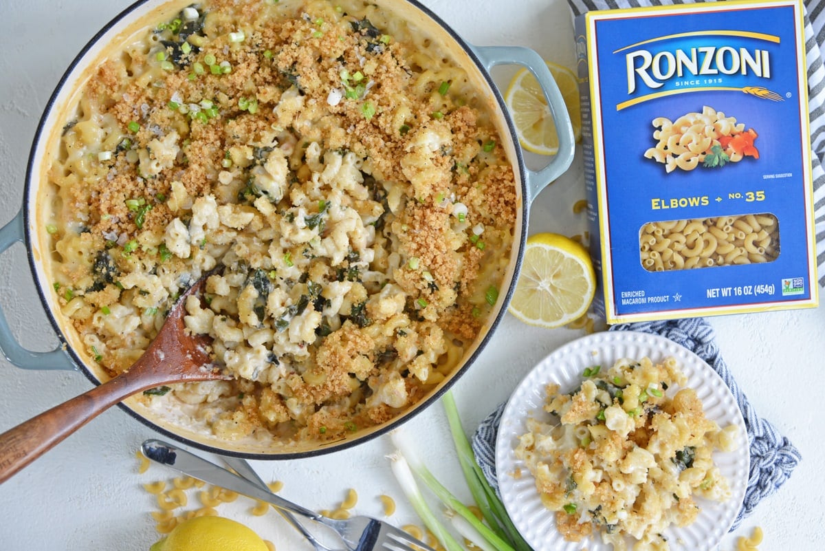 overhead of roast garlic mac n cheese with ronzoni box 