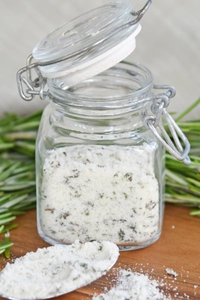 close up of a jar of rosemary salt