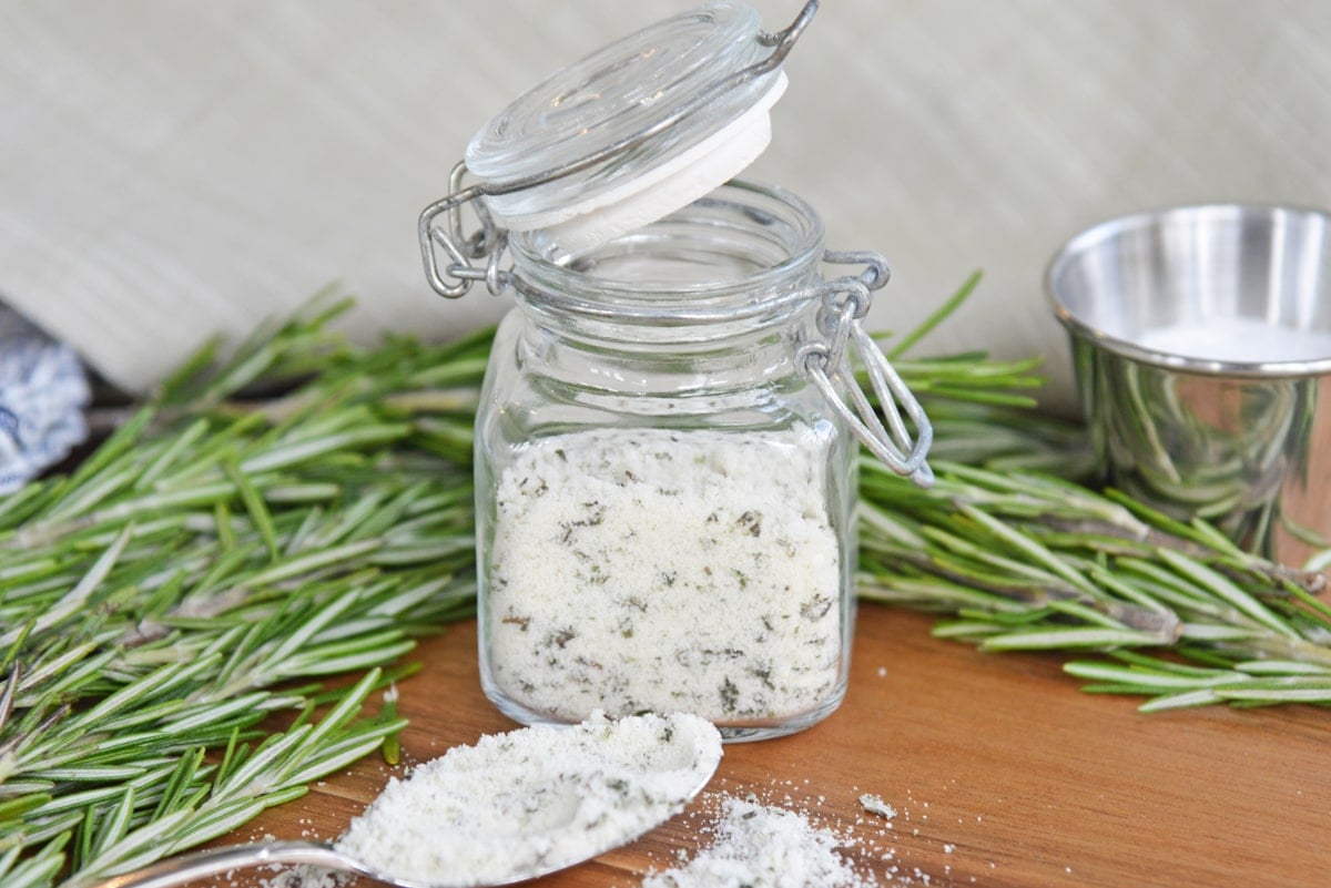 close up of a jar of rosemary salt