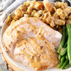 sliced turkey breast with gravy