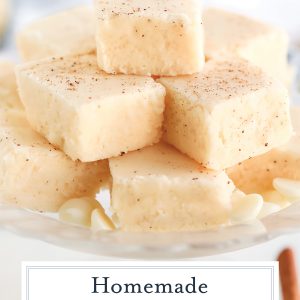 stack of creamy eggnog fudge