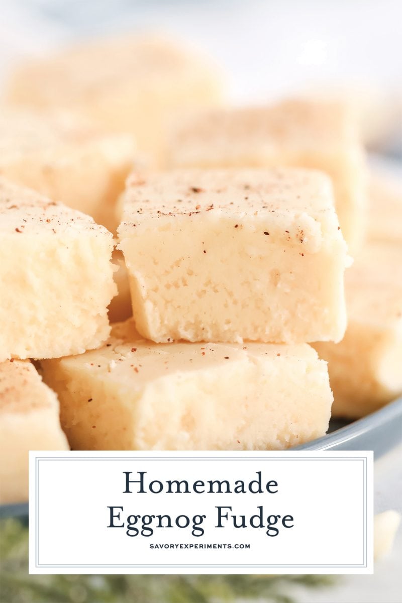 close up of eggnog fudge in squares