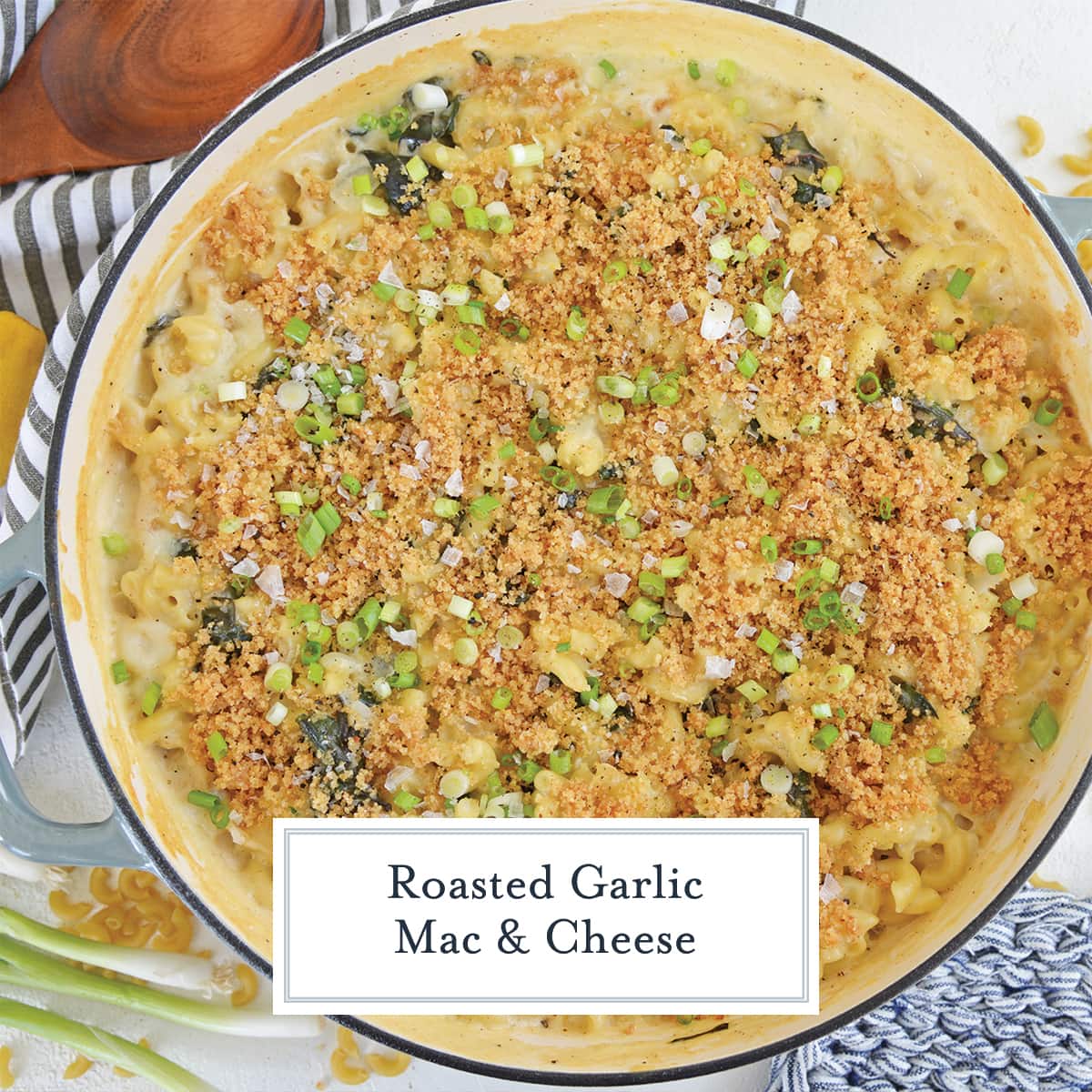 overhead of swiss chard mac and cheese with crunchy topping and scallions