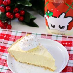 angled shot of slice of eggnog pie on plate