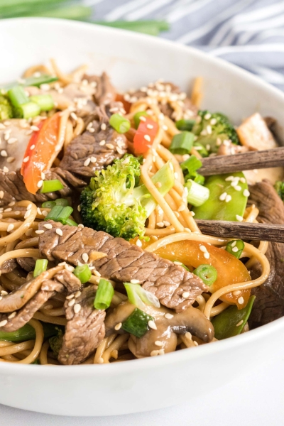 angle bowl of beef lo mein