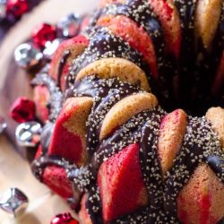 angled shot of candy cane chocolate cake