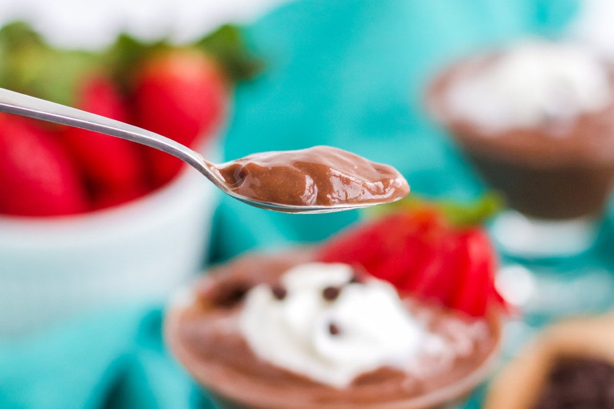 chocolate pudding on a spoon 