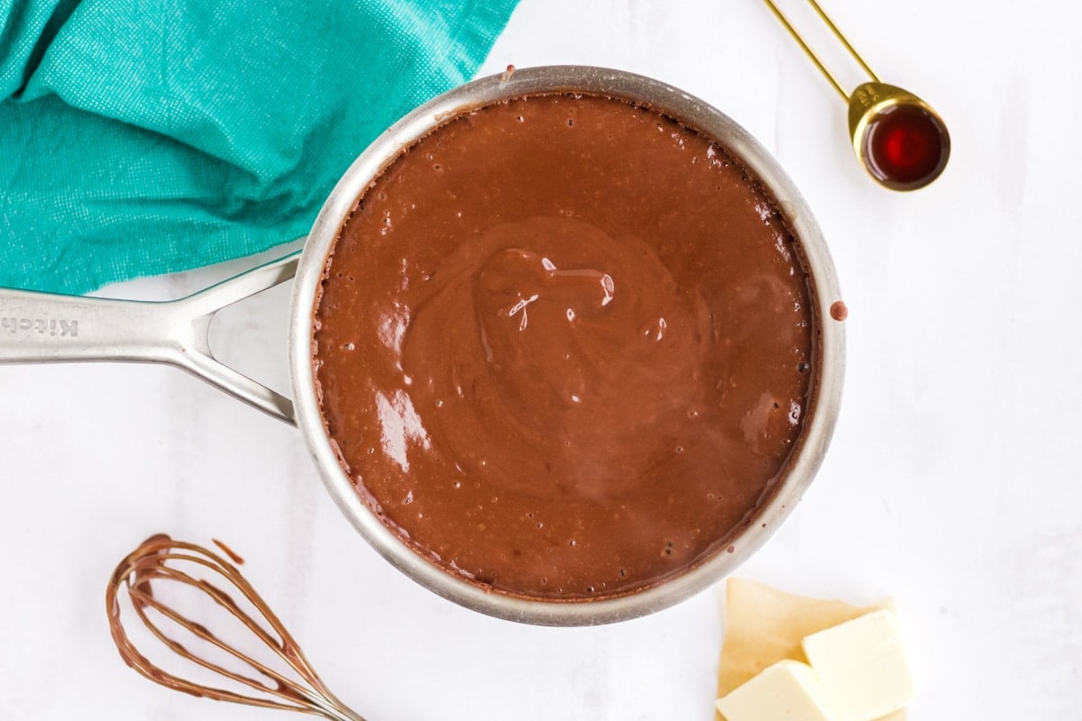 chocolate pudding in a sauce pan