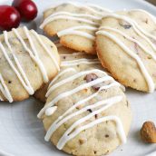 close up of cranberry pistachio cookies