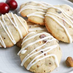close up of cranberry pistachio cookies