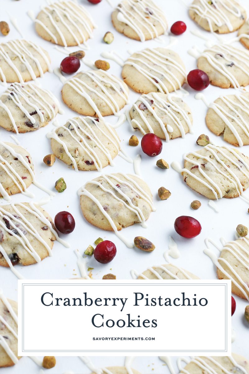 angled shot of cranberry pistachio cookies with text overlay