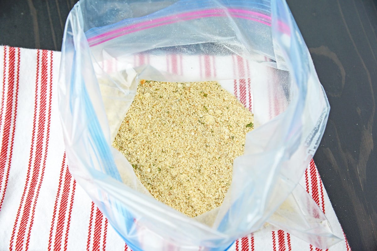 seasoned breadcrumb mixture in a plastic bag  