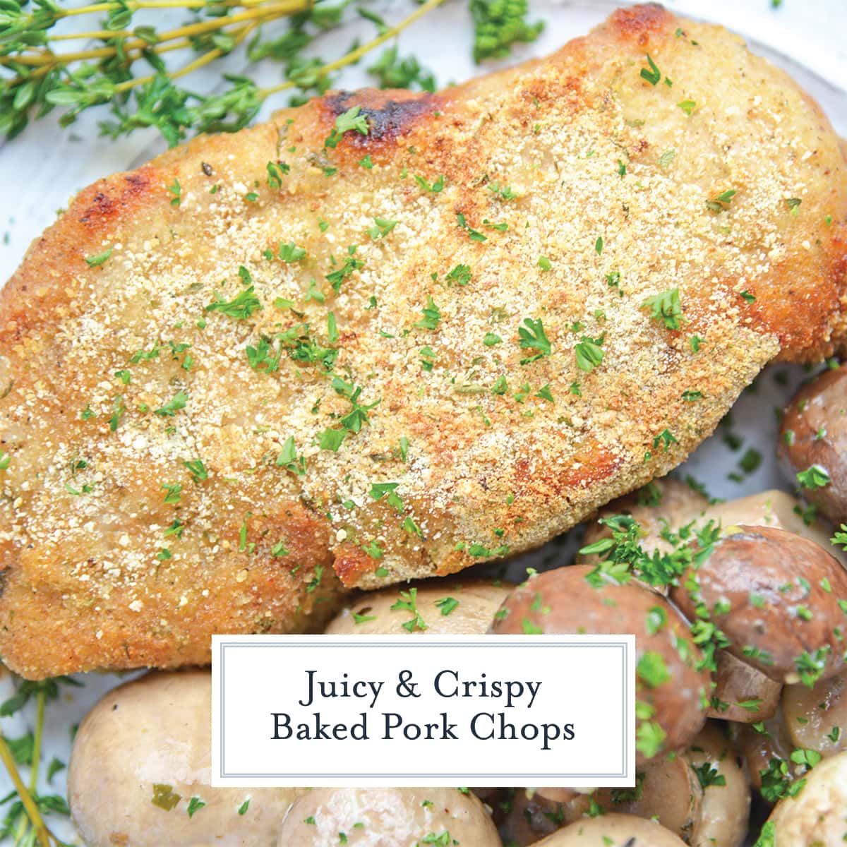 overhead close up of breaded pork chop garnished with parsley 