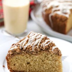 slice of eggnog coffee cake on white plate