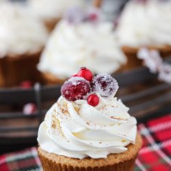 straight on shot of eggnog cupcake topped with cranberries