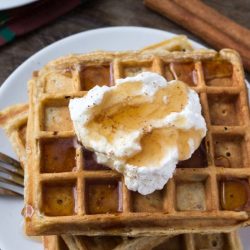 overhead shot of stack of eggnog waffles