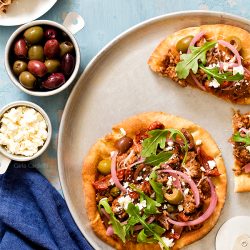 overhead shot of greek pizza