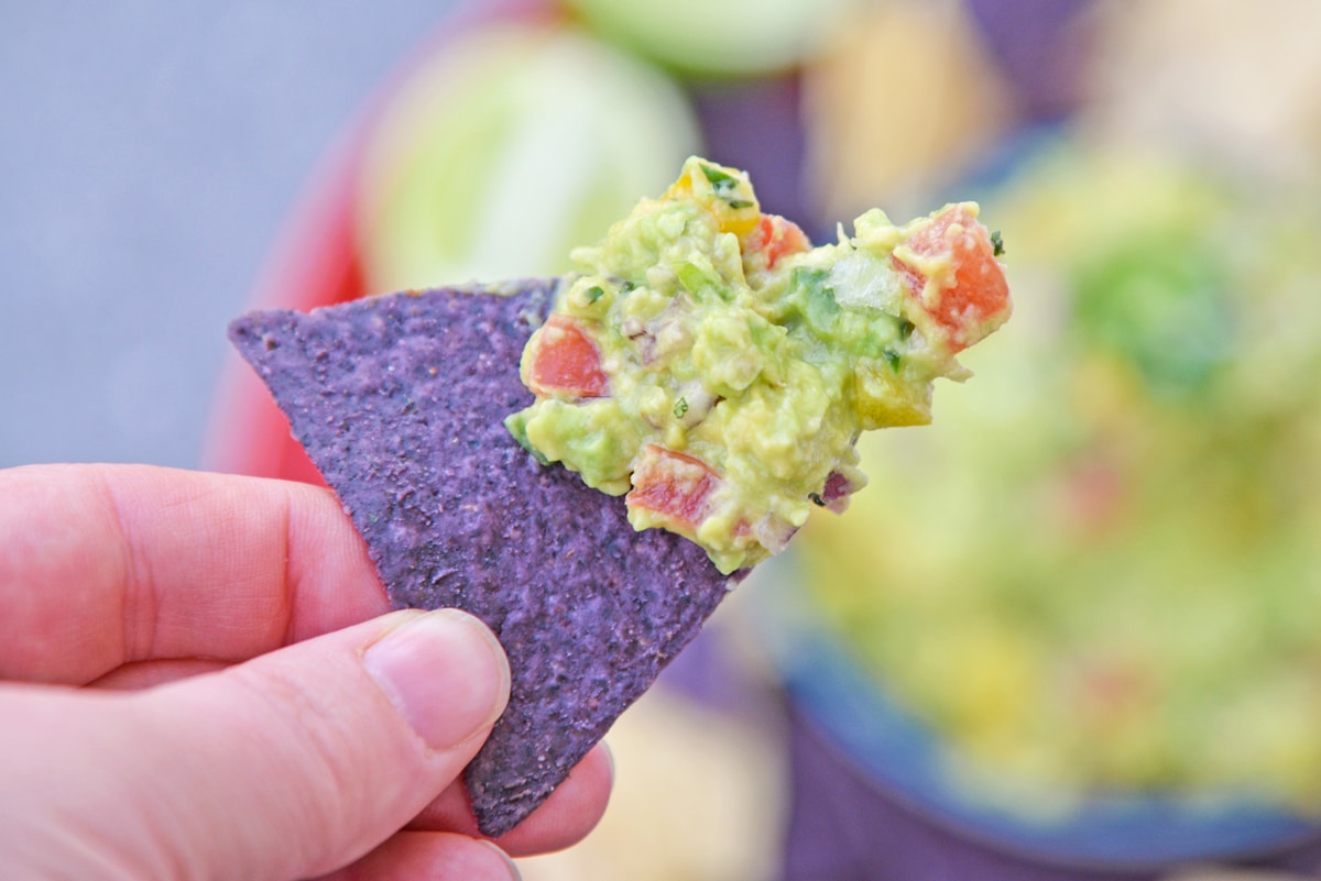 easy guacamole on a tortilla chip 