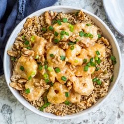 overhead of honey walnut shrimp with rice