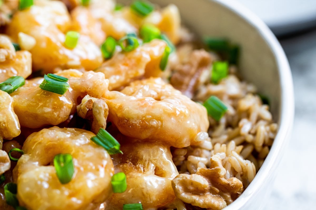 close up of honey walnut shrimp  